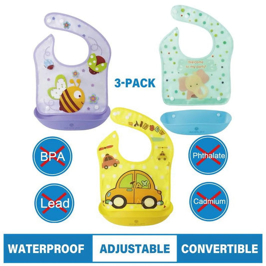 Infant & Baby Bibs, Waterproof, Convertible Drooling/Feeding Bib, Adjustable, Light Weight, BPA Free, Stain Resistant, Eco-Friendly, 3 Piece