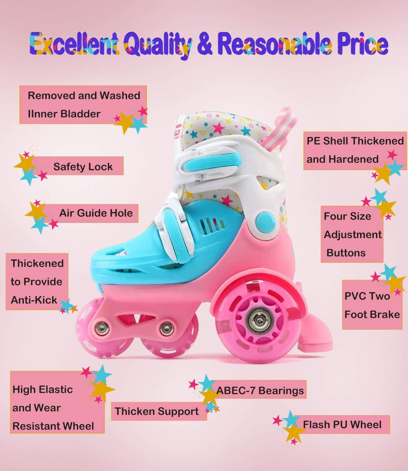 Adjustable Roller Skates for Kids Girls Ladies with Light up Flash LED Wheels(Age 3-9),Three-Point Type Balance,Gift Box Packing for Toddlers,Children