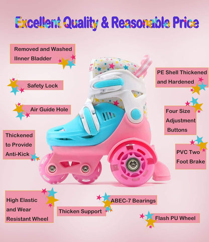 Adjustable Roller Skates for Kids Girls Ladies with Light up Flash LED Wheels(Age 3-9),Three-Point Type Balance,Gift Box Packing for Toddlers,Children