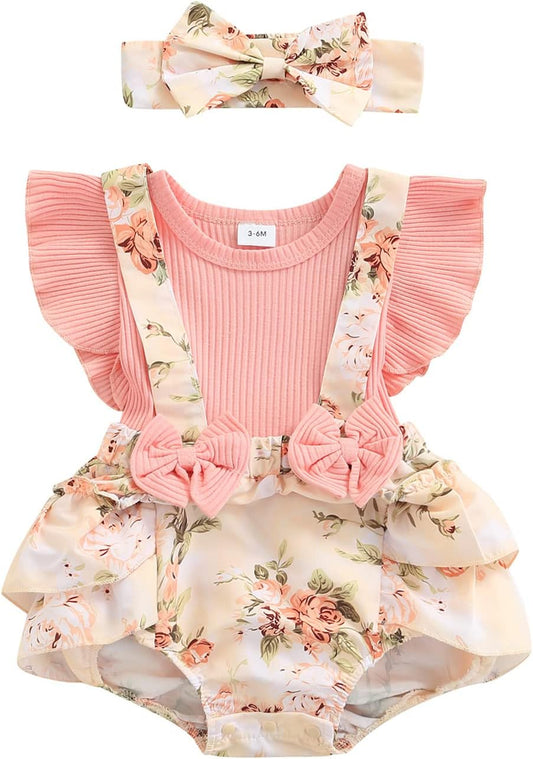 Infant Baby Girl Summer Clothes Baby Cotton Linen Romper Floral Bodysuit with Headband
