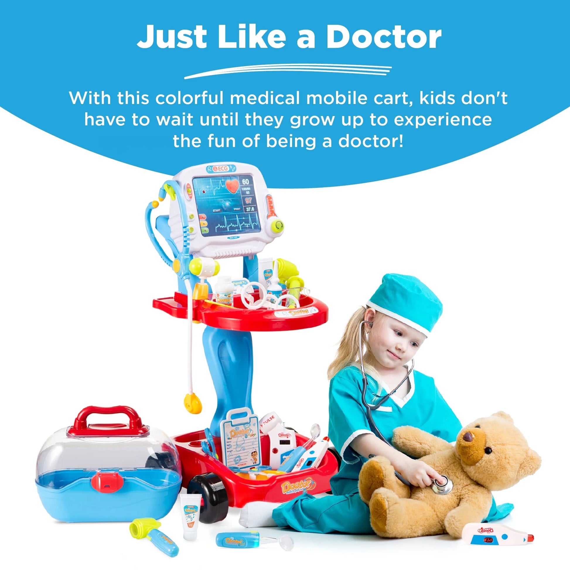Play Doctor Kit for Kids, Pretend Medical Station Set with Carrying Case, Mobile Cart - Blue