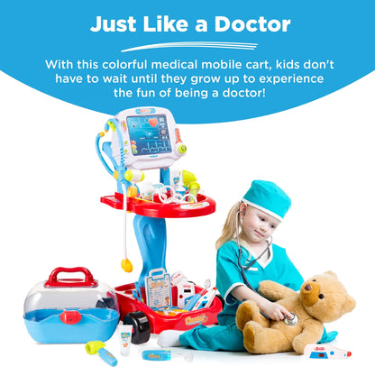 Play Doctor Kit for Kids, Pretend Medical Station Set with Carrying Case, Mobile Cart - Blue