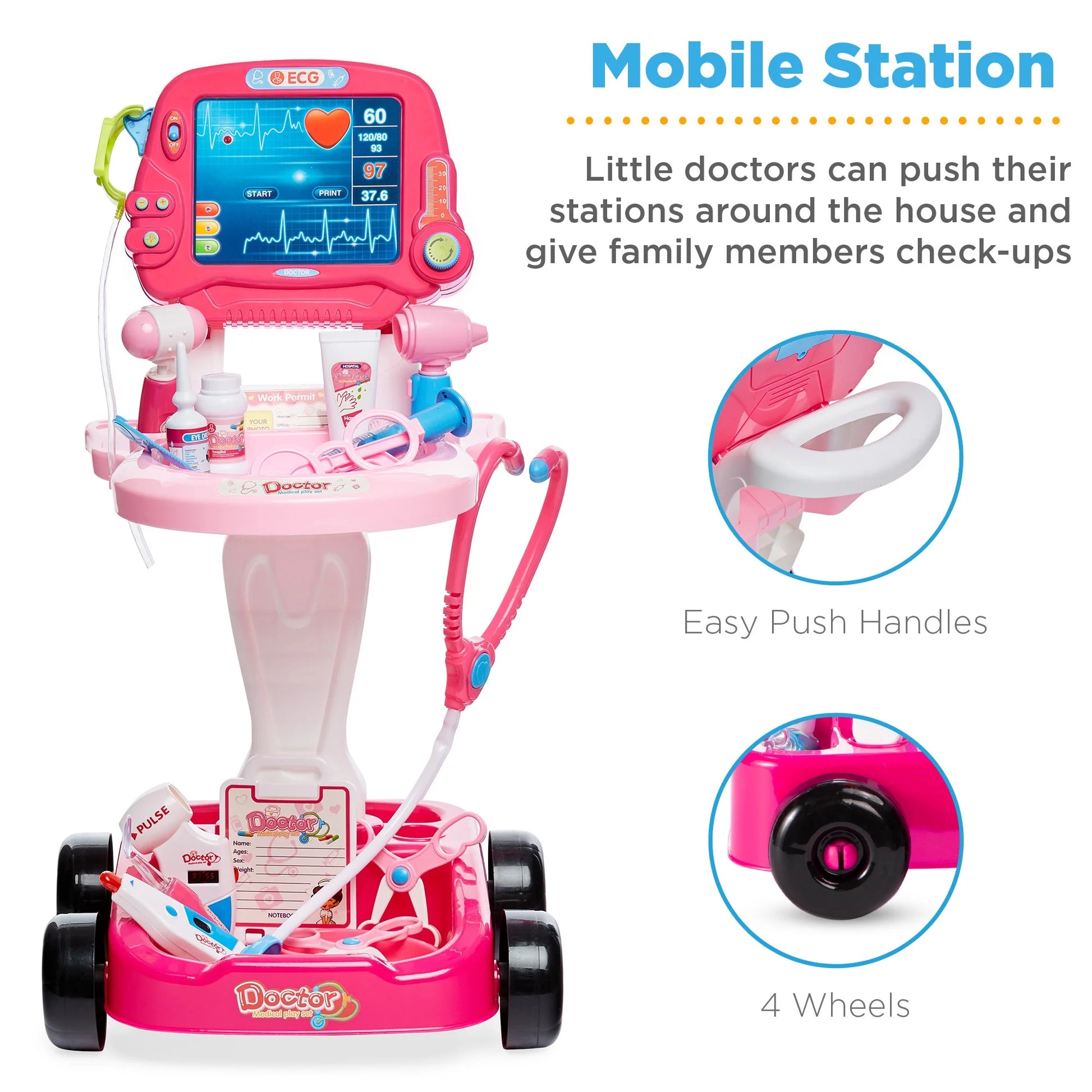 Play Doctor Kit for Kids, Pretend Medical Station Set with Carrying Case, Mobile Cart - Pink