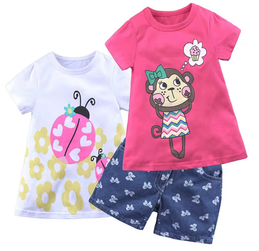 Cute Summer Cartoon short sleeves T-Shirt & Shorts Set for Girls – 3-Piece Outfit