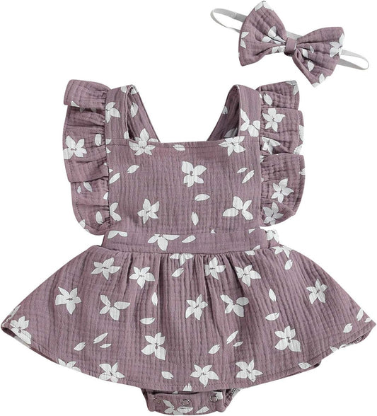 Baby Girls Floral Cotton Leotard Romper Newborn Daisy Playsuits Ruffled Sleeve Onesie Infant Jumpsuit Clothes Headband
