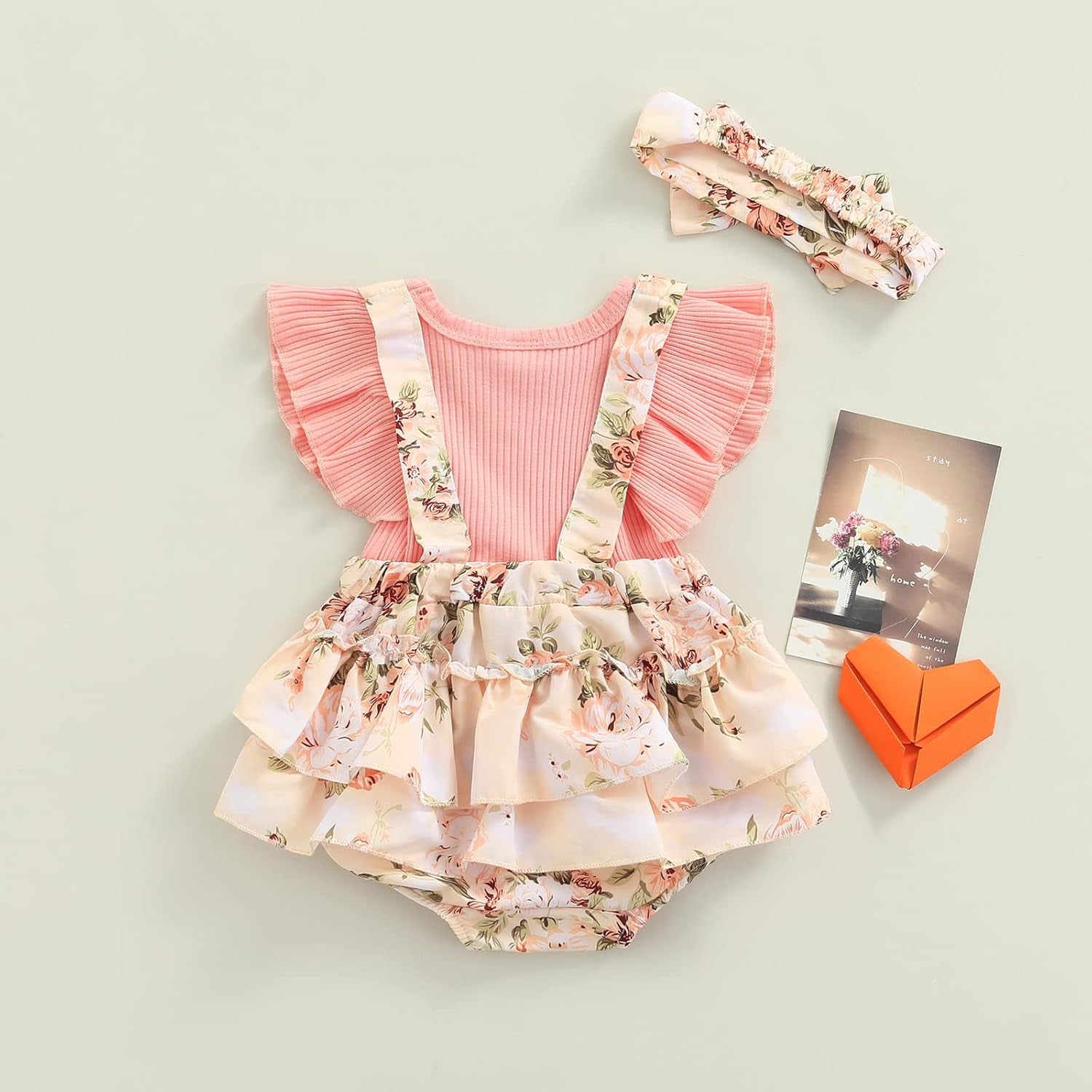 Infant Baby Girl Summer Clothes Baby Cotton Linen Romper Floral Bodysuit with Headband