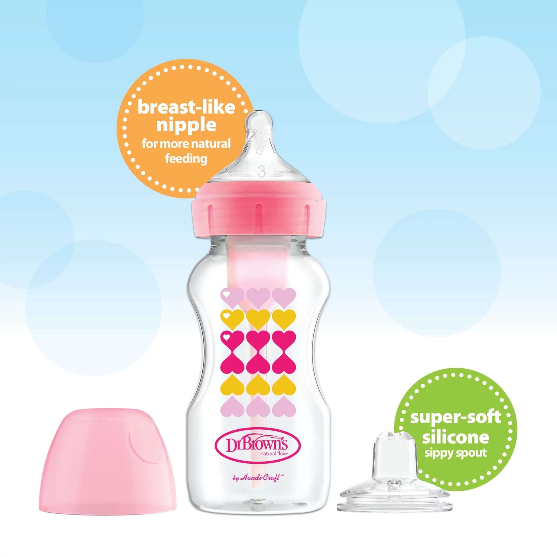 Dr. Brown’S Anti-Colic Options+ Wide-Neck Sippy Bottle Starter Kit, 9Oz/270Ml, Pink, BPA Free, 6M+, 2 Pack